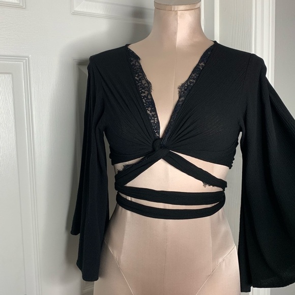 Eastnwest Black Cropped Tie Top Bat Sleeves Boho - Picture 5 of 8